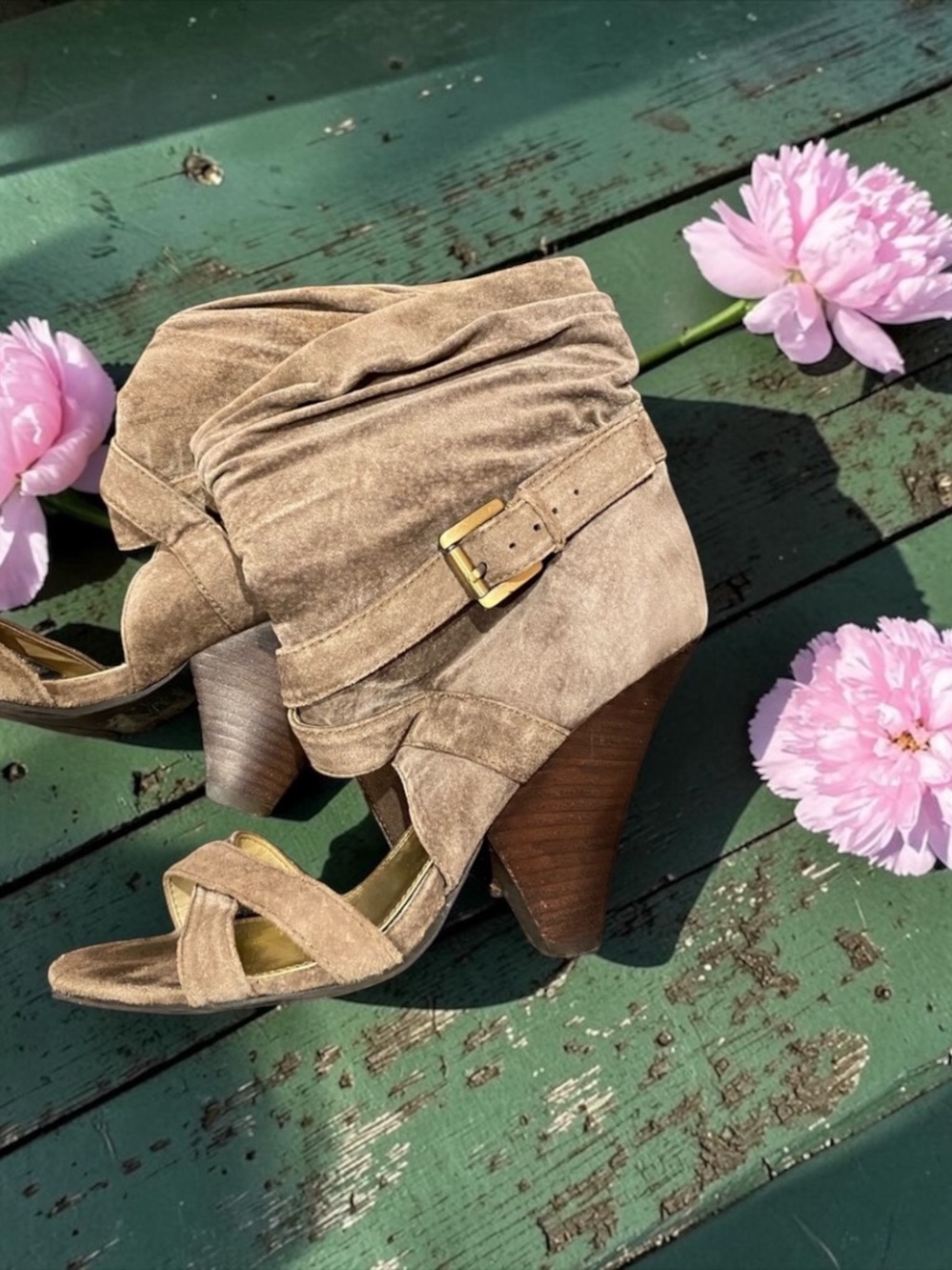 Suede peep toe boots